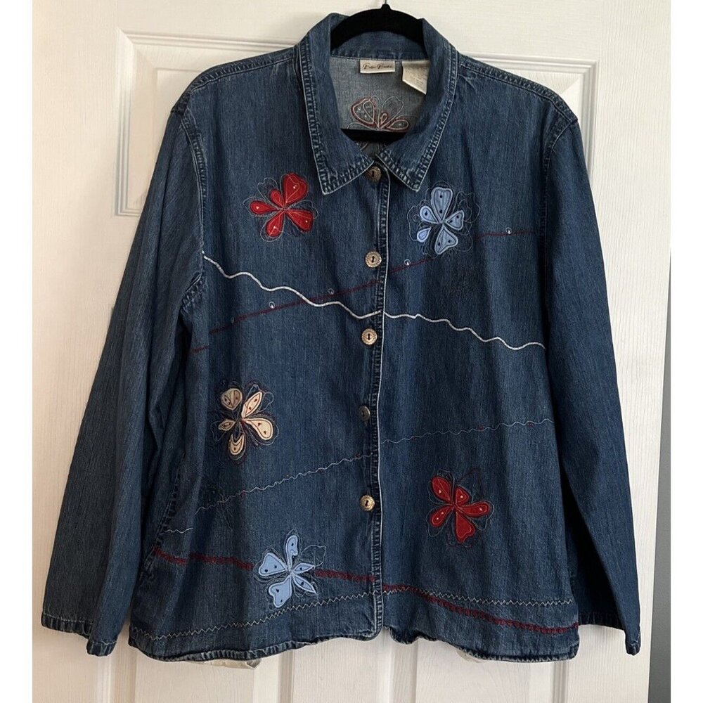 VTG Bobbie Brooks Womans XL Denim Flower Patch Embroidery Button Shirt Jacket - Picture 1 of 14
